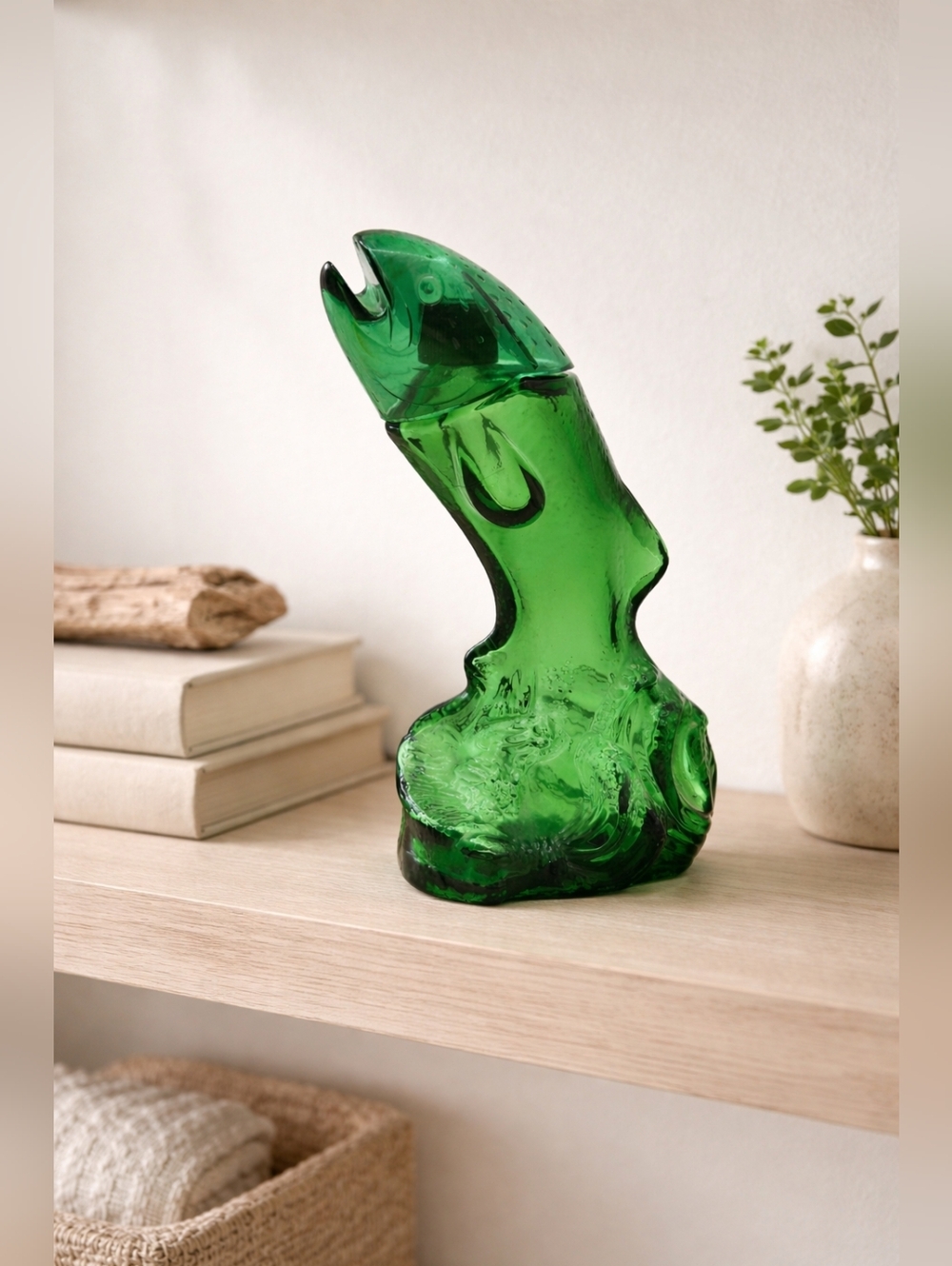 Vintage Avon Rainbow Trout Fish Decanter Green Glass 1970s Cabin Lake Bar Decor